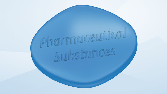 Illustration of a blue tablet looking like Viagra with the imprint "Pharmaceutical Substances"